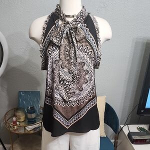 1.STATE Black Patterned Sleeveless Ruffle Trim Halter Blouse Sz.XL EUC